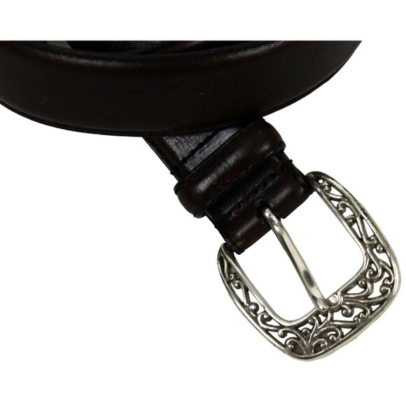 Fossil Dark Brown Leather Belt Filigree/Scroll Metal Belt Buckle Women S Med - Picture 2 of 7